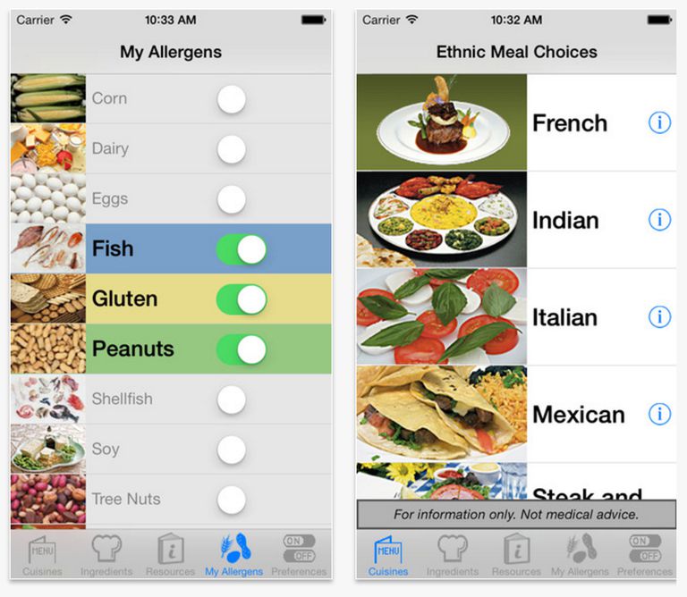 søke etter, Allergy Free, glutenfrie menyer, iEatOut Gluten, iPhone iPad, tilgjengelig iPhone