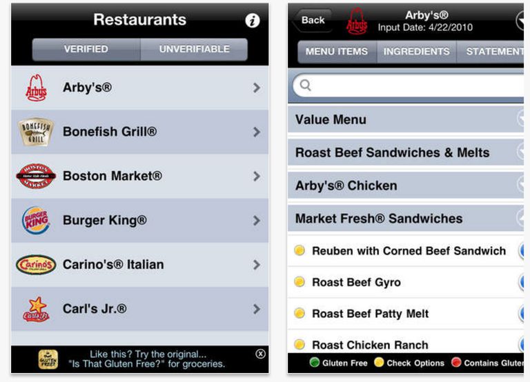 søke etter, Allergy Free, glutenfrie menyer, iEatOut Gluten, iPhone iPad, tilgjengelig iPhone